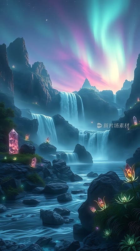 神秘瀑布下的梦幻水晶世界