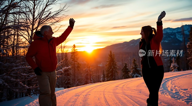 夕阳下雪地中欢快挥手的男女
