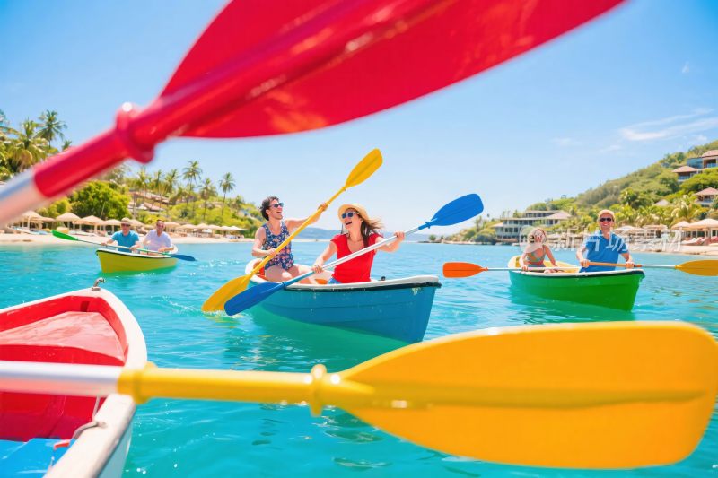 人们在海上划皮划艇游玩