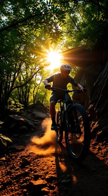 阳光下的骑行者穿越森林小径