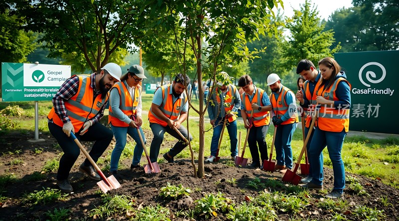 绿色环保团队合力种树共筑美好家园