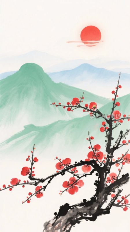红梅映日山水图