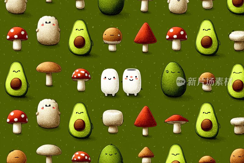 可爱蘑菇与牛油果插画图案