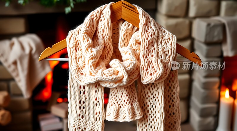 温馨壁炉旁的米色围巾