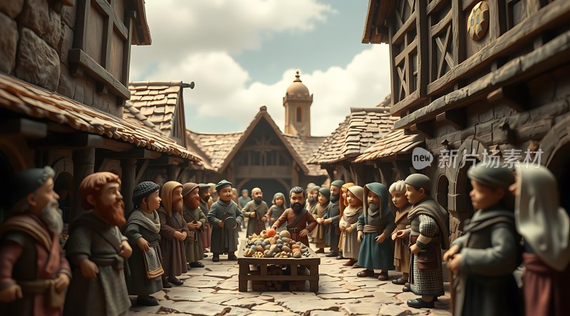 中世纪集市上的热闹交易场景