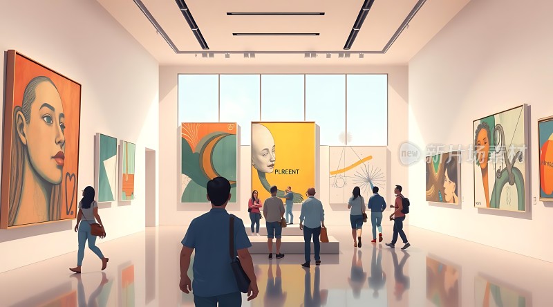 艺术馆内参观者欣赏画作