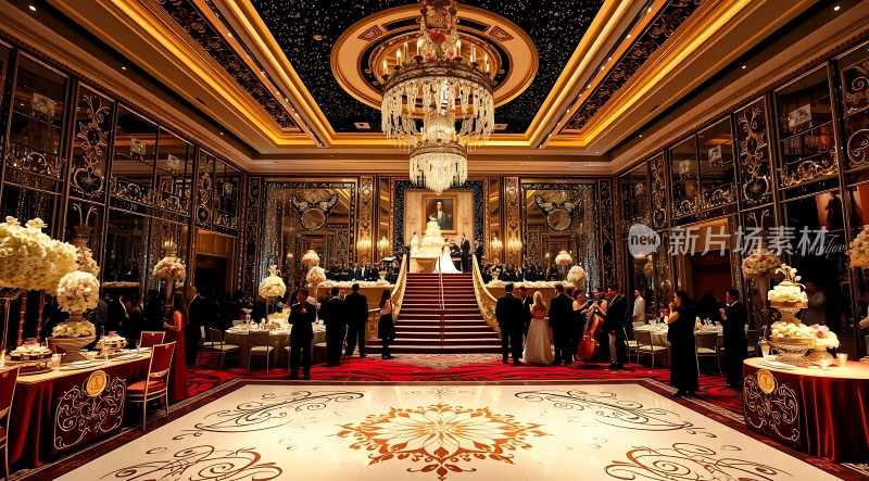 豪华宴会厅璀璨吊灯与红毯盛宴