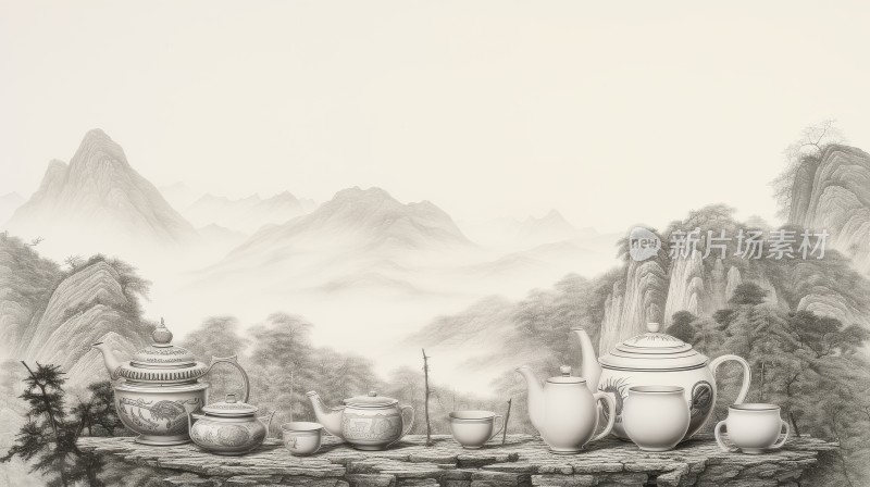 茶杯茶壶茶山茶叶茶树中国风水墨画铅笔画