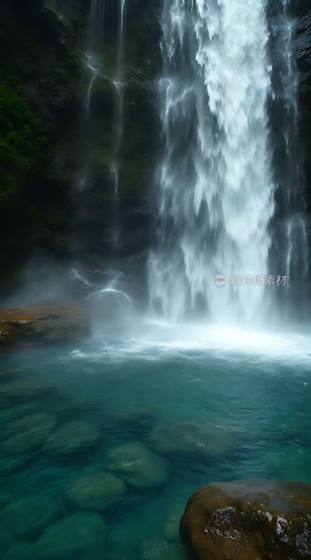 碧波轻抚石床间瀑布飞流绿意浓