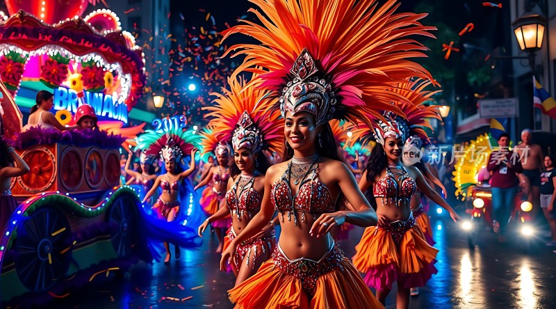 狂欢节上的华丽舞者与彩车