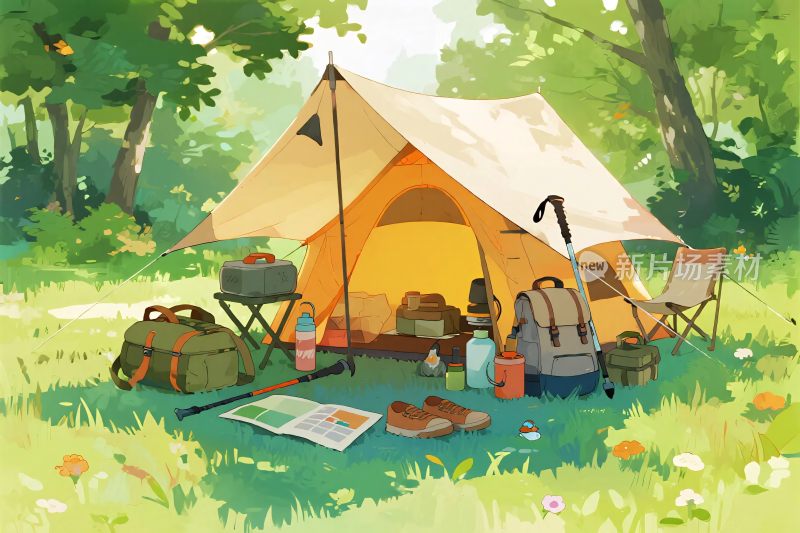 森林中的露营场景插画