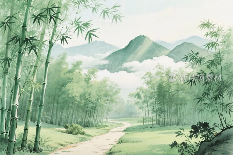 山水竹林风景插画