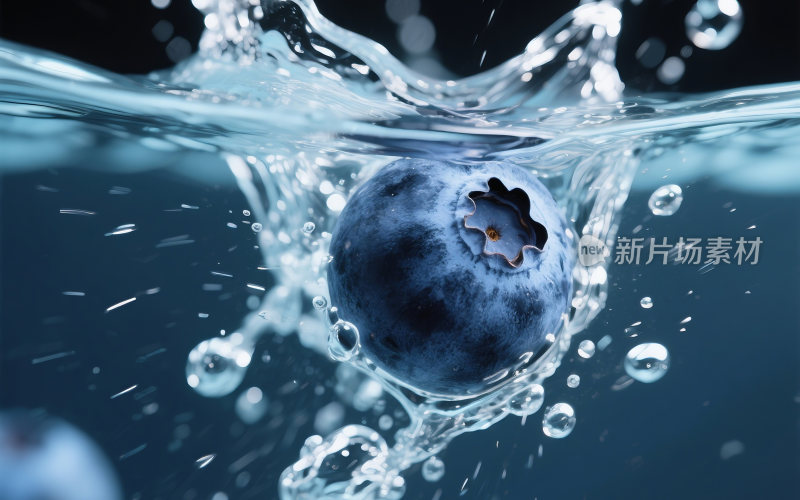 新鲜的蓝莓掉入水中