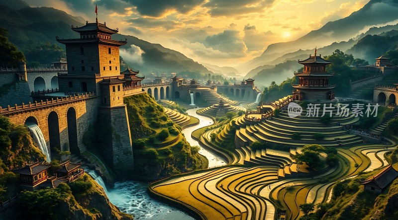 梯田古堡山水画卷