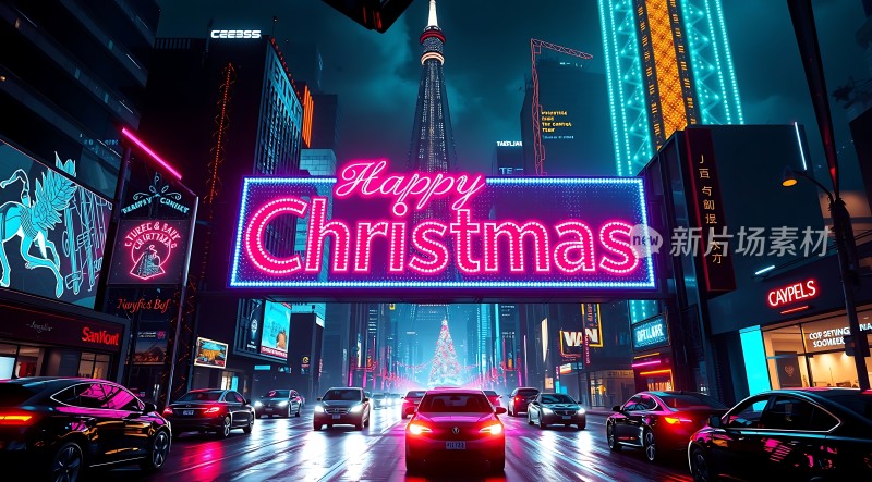 霓虹圣诞夜繁华都市中温馨节日气氛