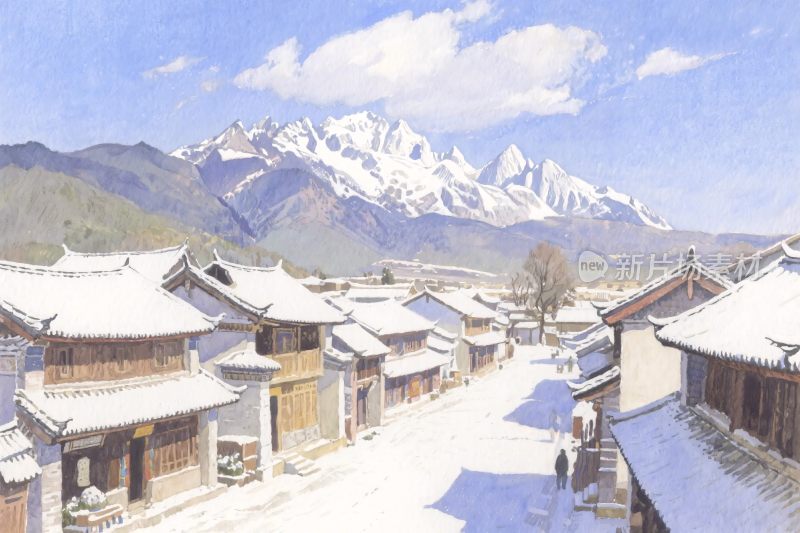 古街雪景山水插画