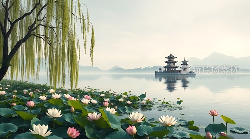 湖畔柳影荷花映楼阁