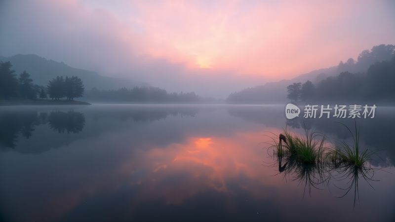 晨曦映照下的静谧湖面