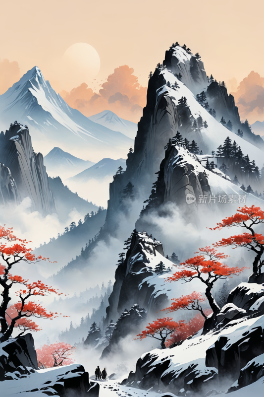 一片红树红山山景高清插画图片