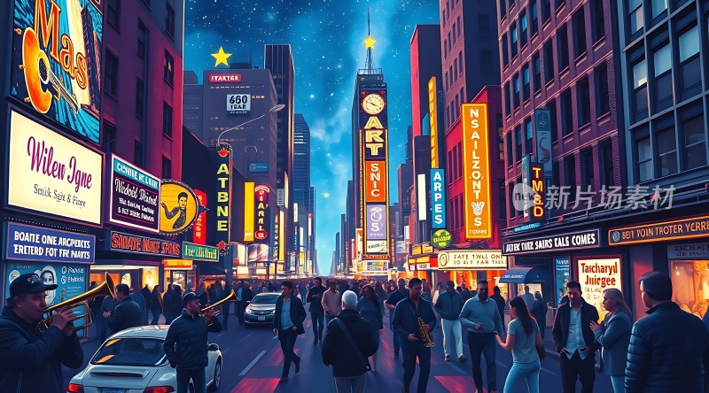 繁华都市夜景霓虹闪烁人群熙攘车水马龙