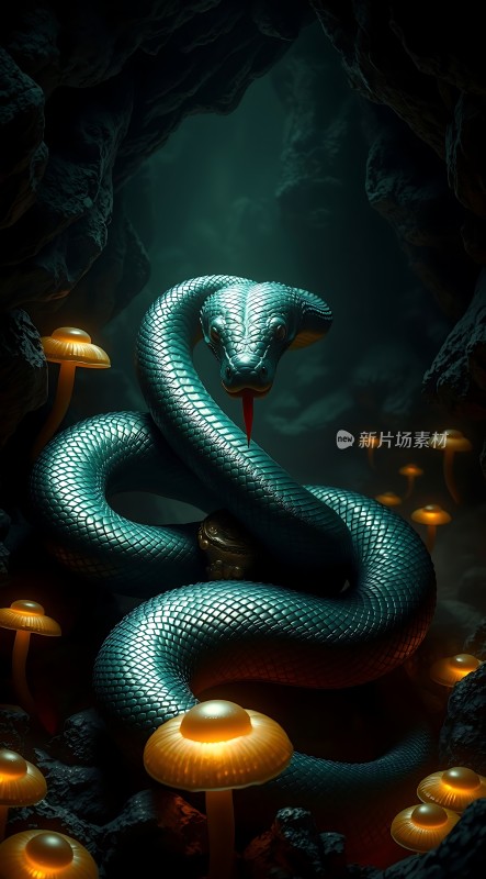 神秘洞穴中的发光蛇与蘑菇