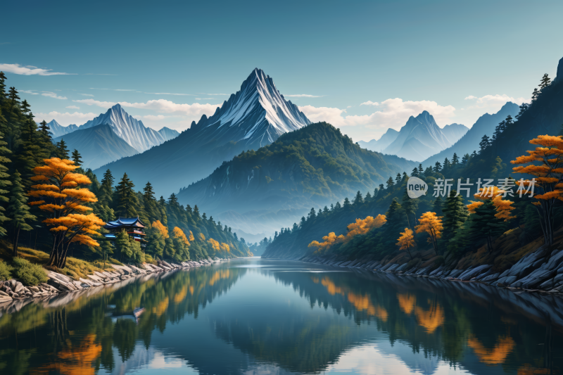 山林倒影在山区的湖泊中高清风景插画图片