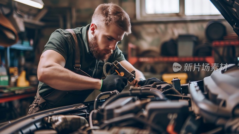 机械师专注检修汽车引擎