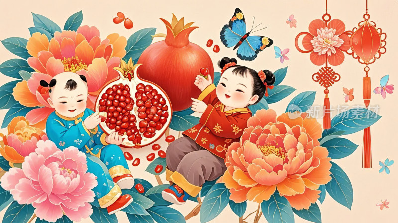 2025新年石榴花开春节喜庆插画设计图