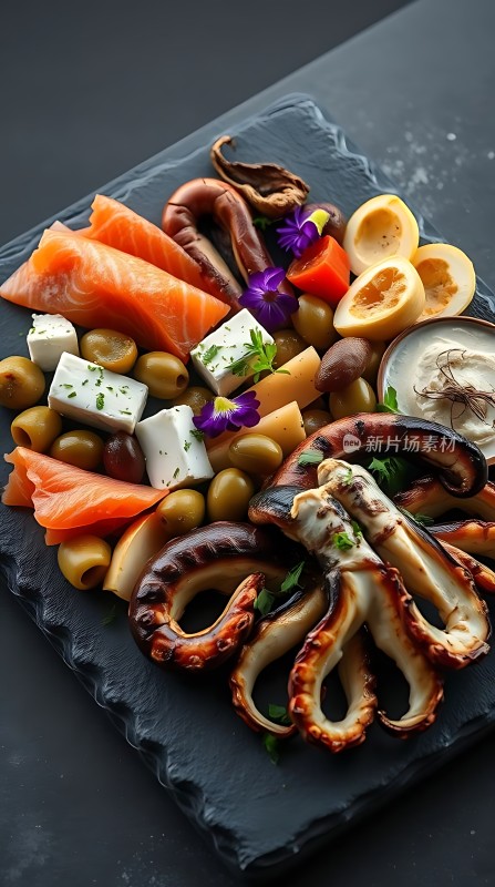 海鲜拼盘三文鱼、章鱼、奶酪与橄榄