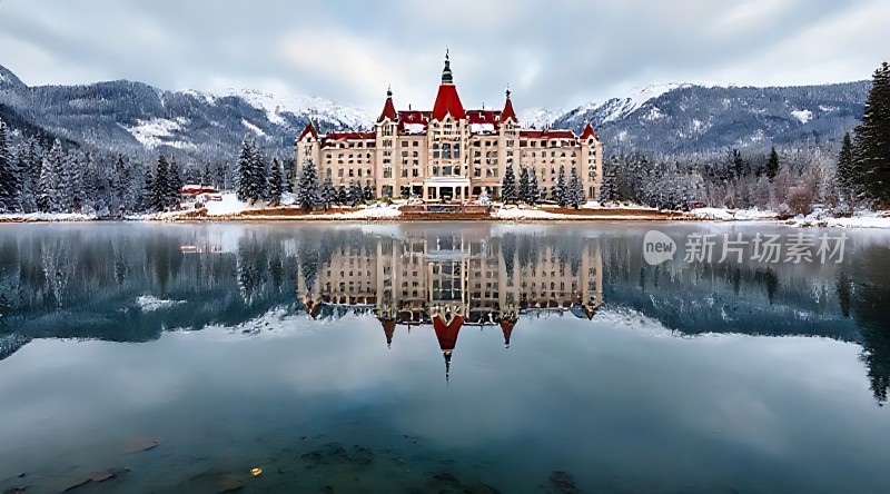 雪域城堡映湖畔静谧美景入眼帘
