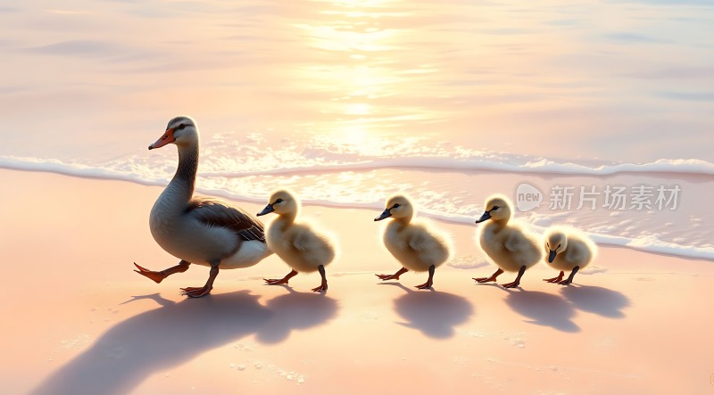 母鸭带小鸭漫步海滩