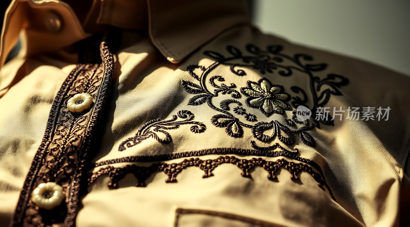 金色衬衫上的精致刺绣细节