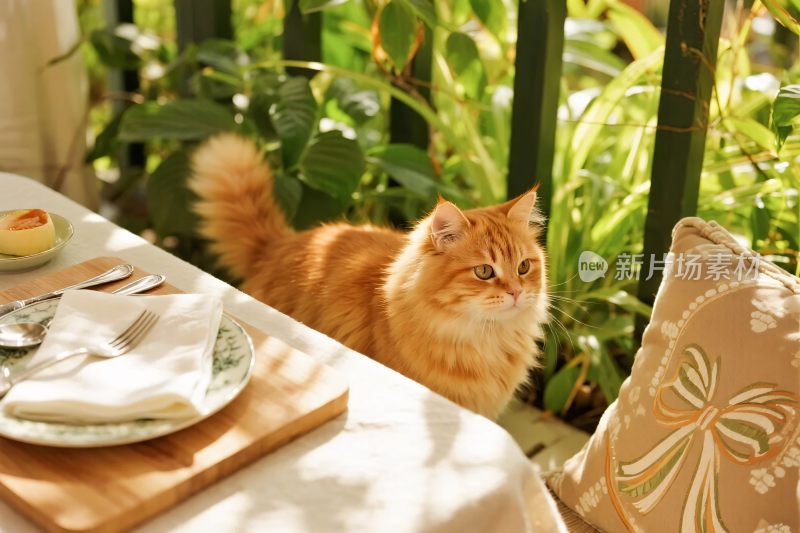 橘猫与户外餐桌