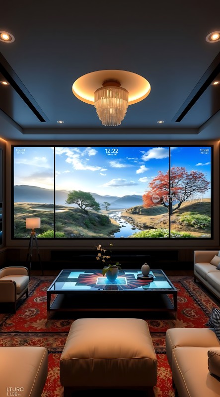 现代客厅大屏幕电视墙舒适沙发与精美地毯