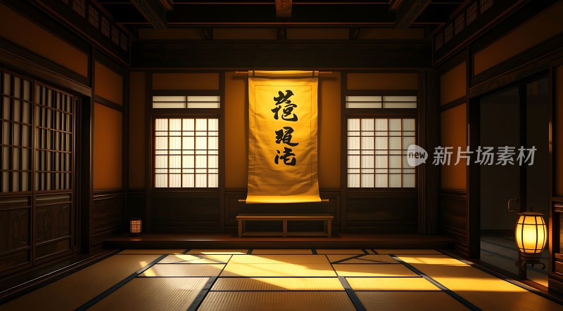 古风室内场景黄色灯笼和书法横幅