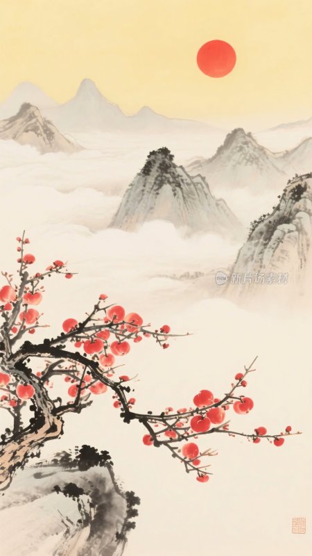 红梅映日山水图