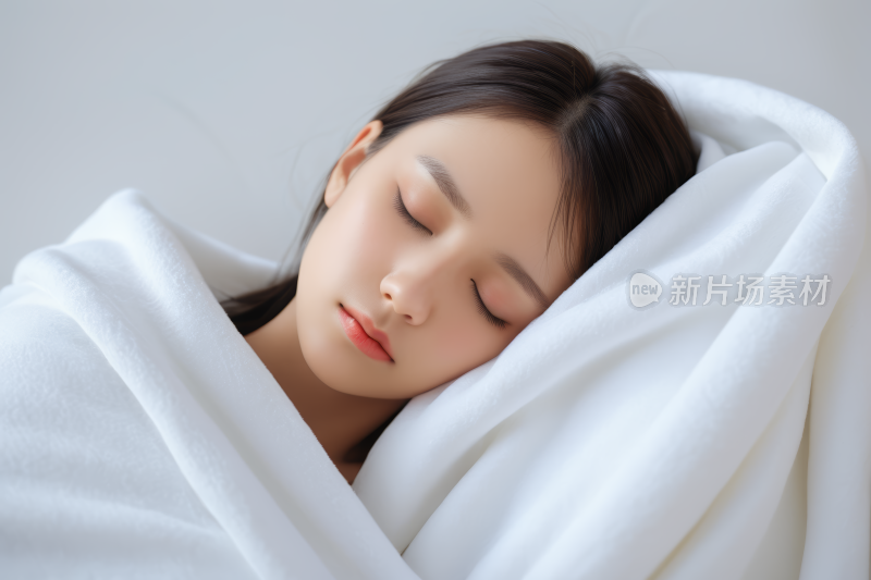 一个女人闭着眼睛睡在白毯子里高清图片