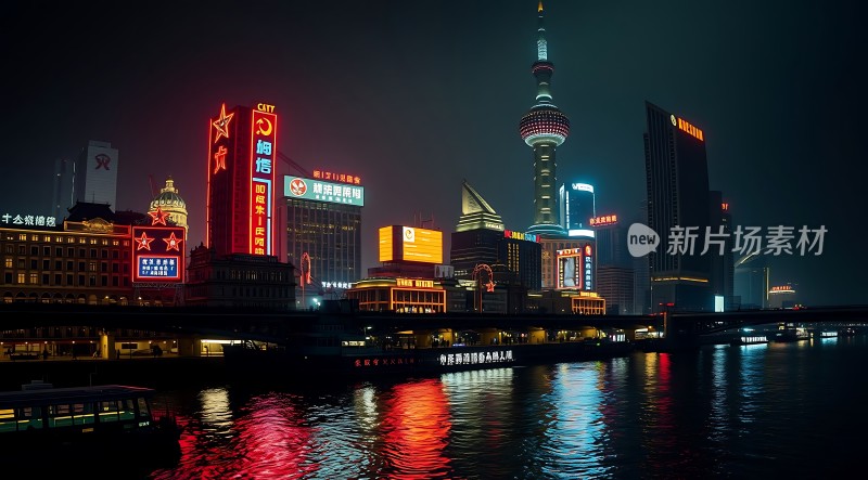 繁华都市夜景黄浦江畔璀璨灯光