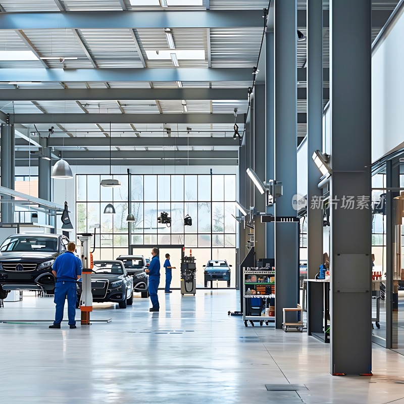 现代汽车维修车间工人们忙碌着车辆整齐排列环境宽敞明亮