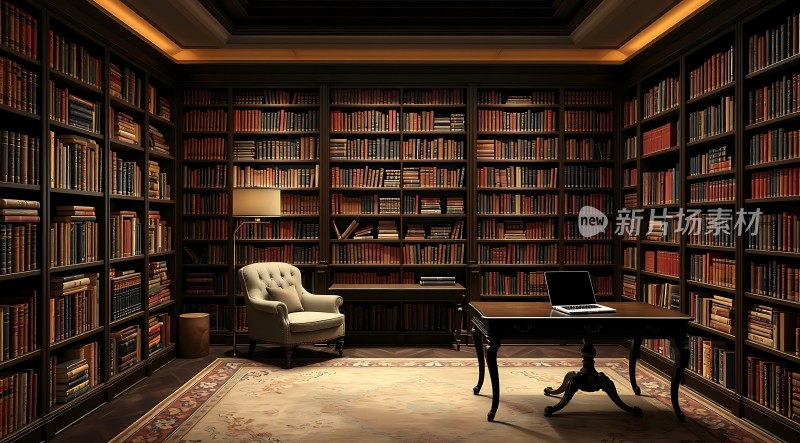 书房一角书架、桌椅与地毯营造温馨氛围