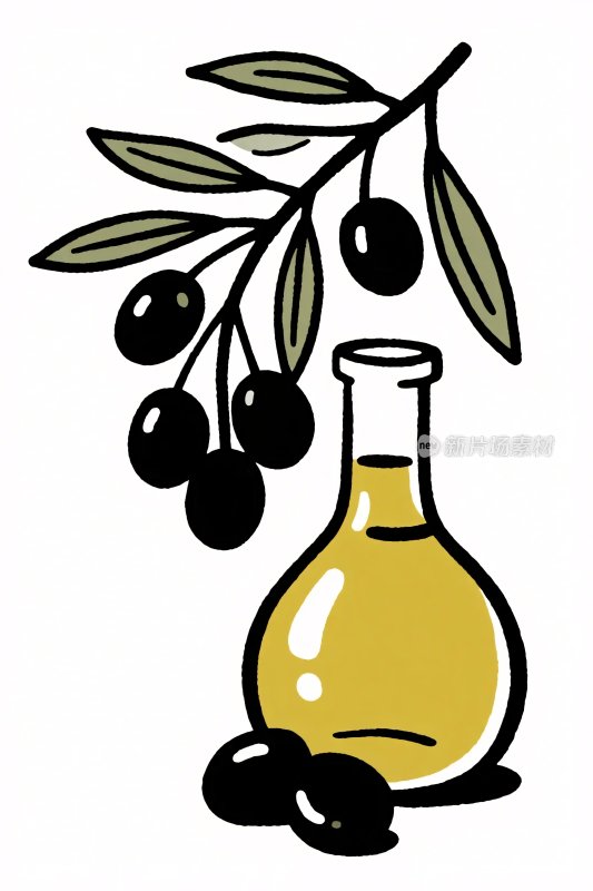 插画风格的橄榄与橄榄油瓶