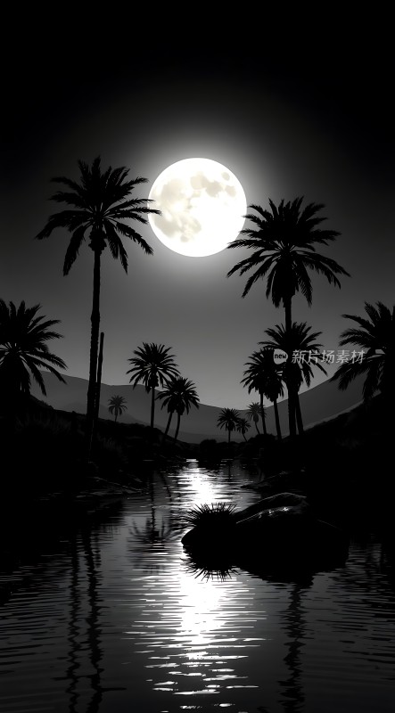 椰林月影映波光