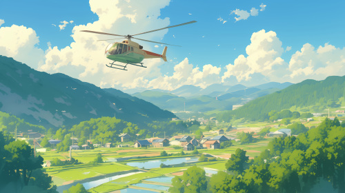 一架直升机飞行在乡村景象的上空