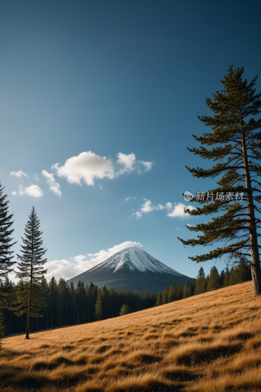 远处一座山前景是几棵树高清图片