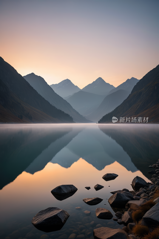 日落时分山倒映在湖水中高清风景图片