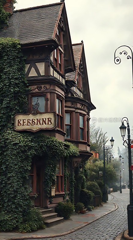 古色古香小酒馆绿意盎然石板路