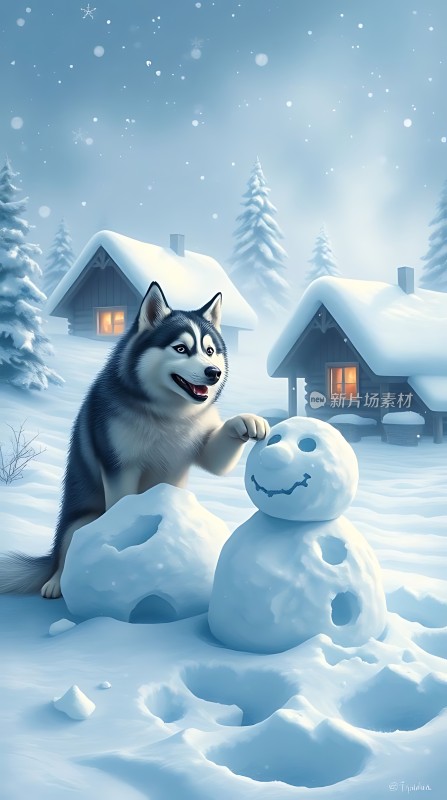 雪地里的哈士奇与雪人