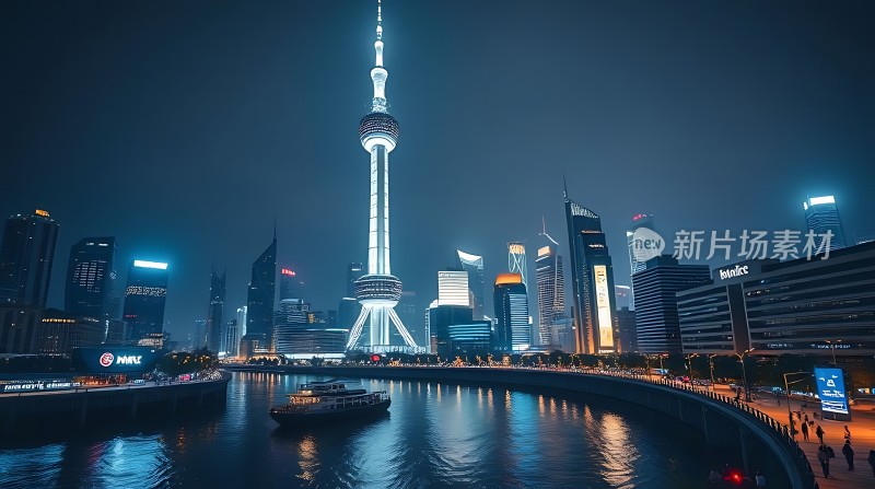 上海夜景黄浦江畔摩天大楼与东方明珠塔