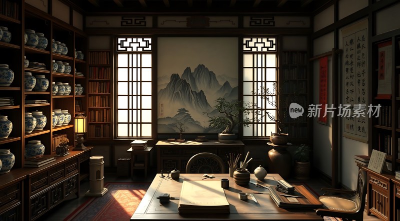 古风书房静谧雅致书香四溢