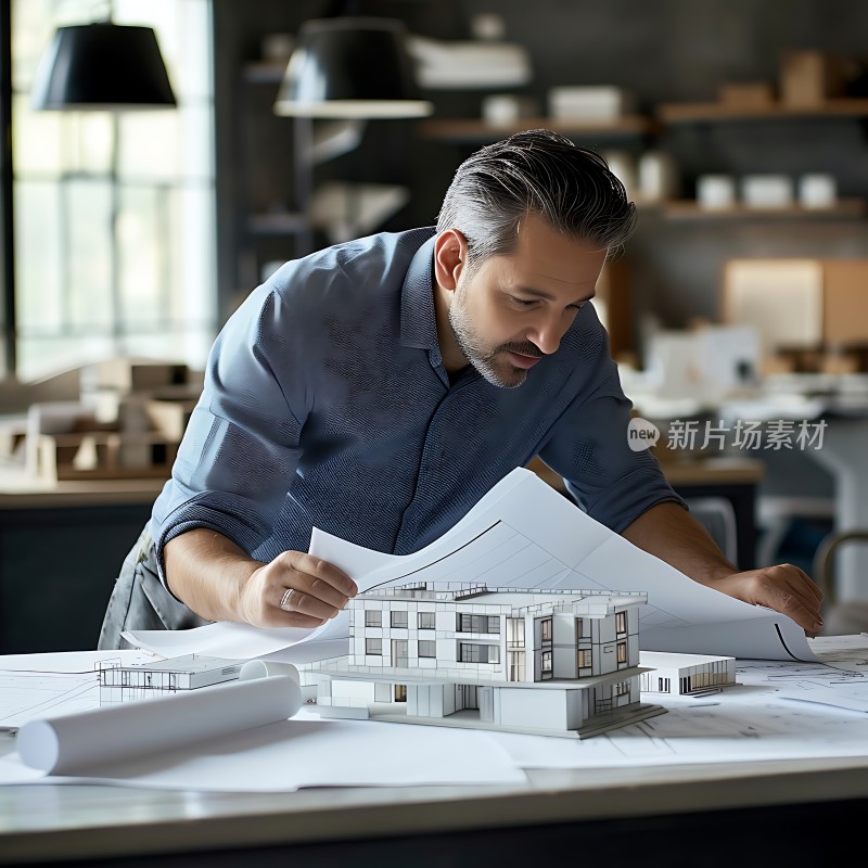 专注的建筑师审视着建筑模型和图纸